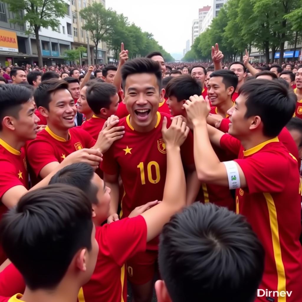 Bùi Tiến Dũng is greeted by adoring fans during a homecoming parade