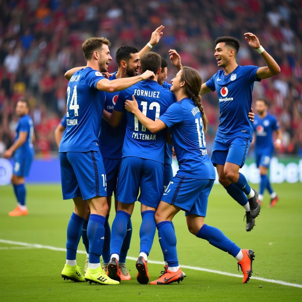 Celebrating a winning goal with teammates