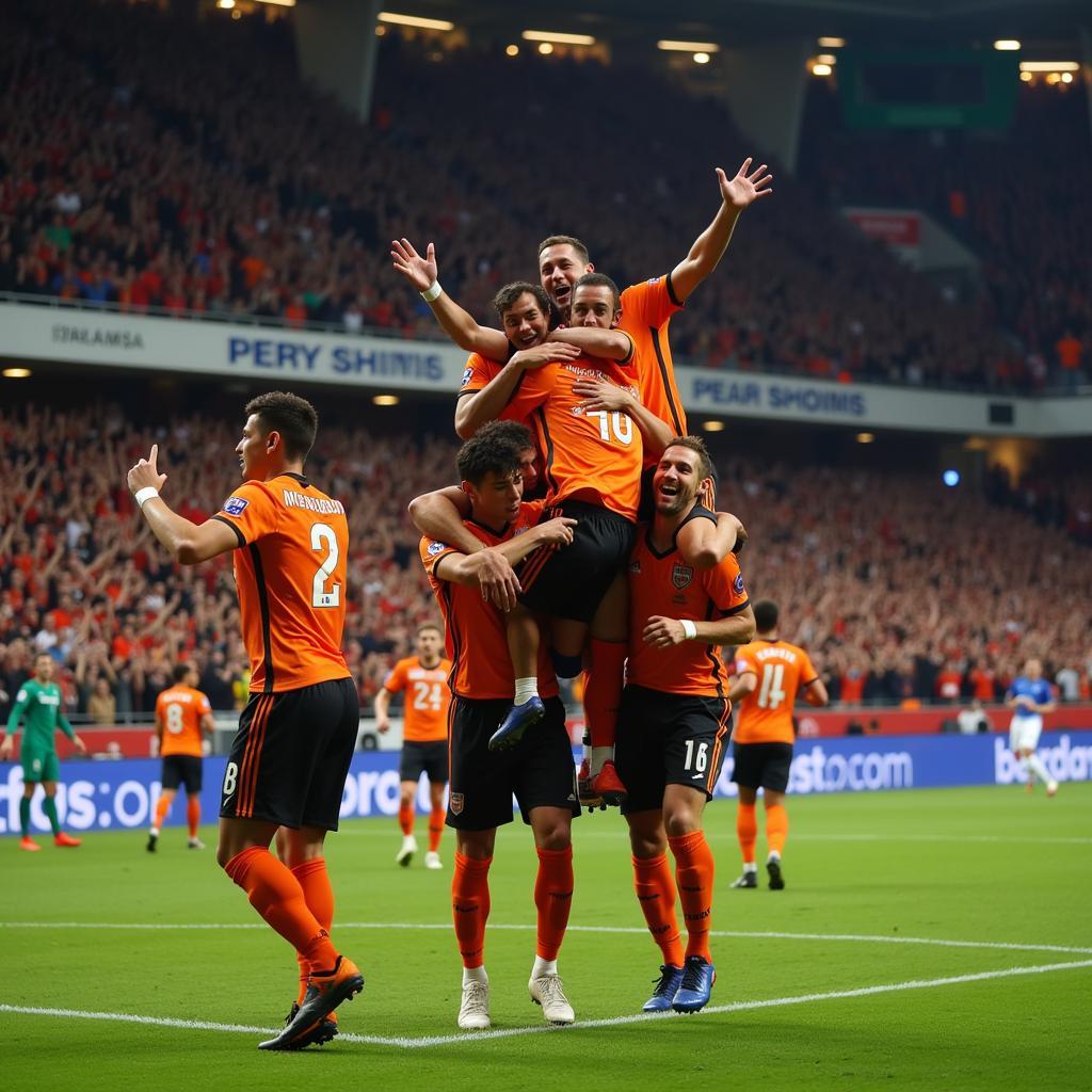 Footballer Celebrating a Goal with Teammates