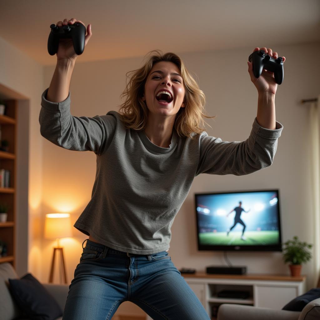 A person celebrating scoring a goal while playing a football video game