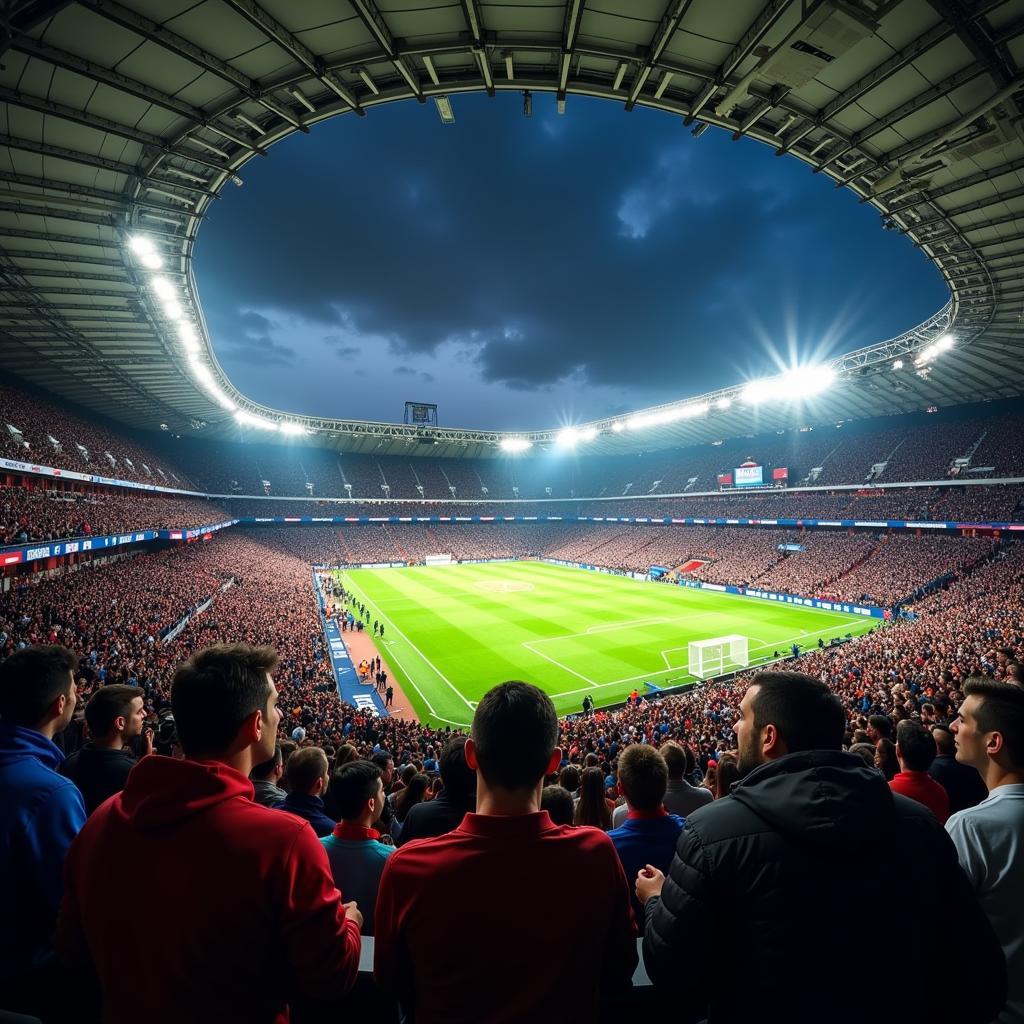 Celebrating fans in a packed stadium