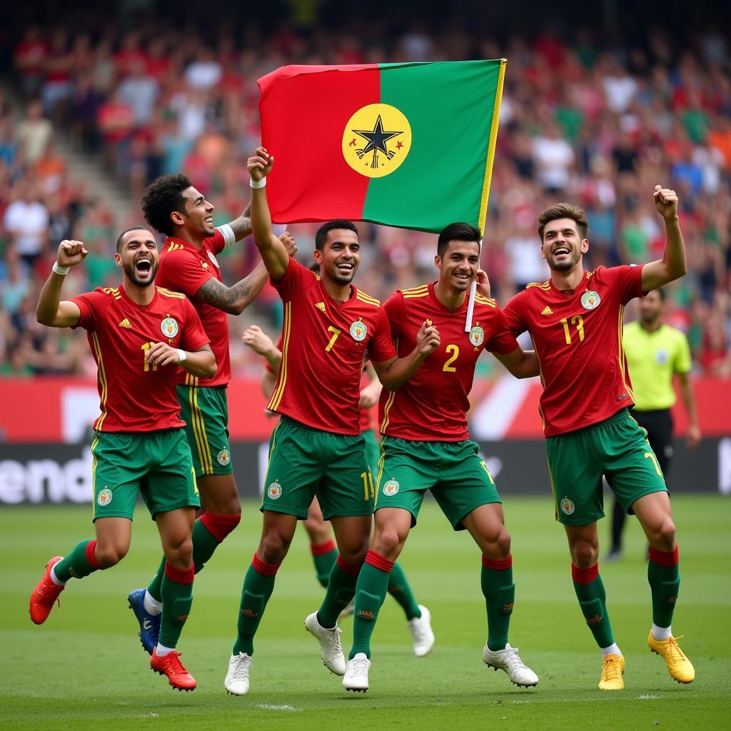 Football players celebrating a goal with their national flag