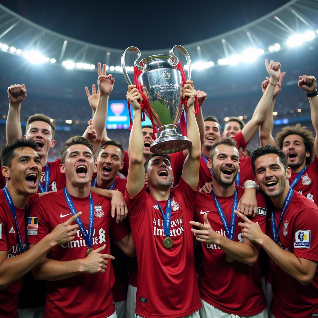 Celebrating Champions League Glory: A powerful image capturing the euphoria of a team lifting the coveted Champions League trophy, representing the pinnacle of club football.