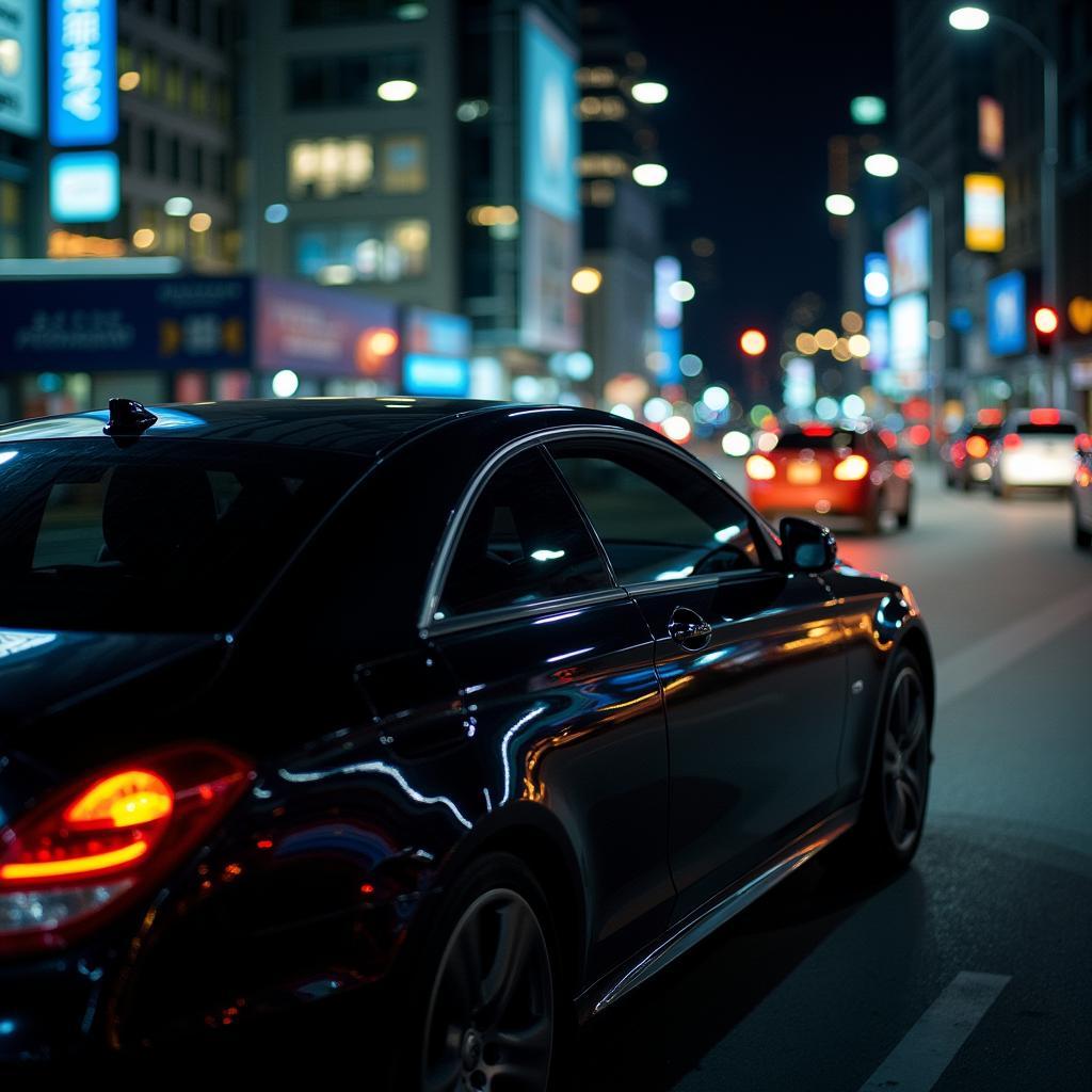 Chauffeured car in the city at night