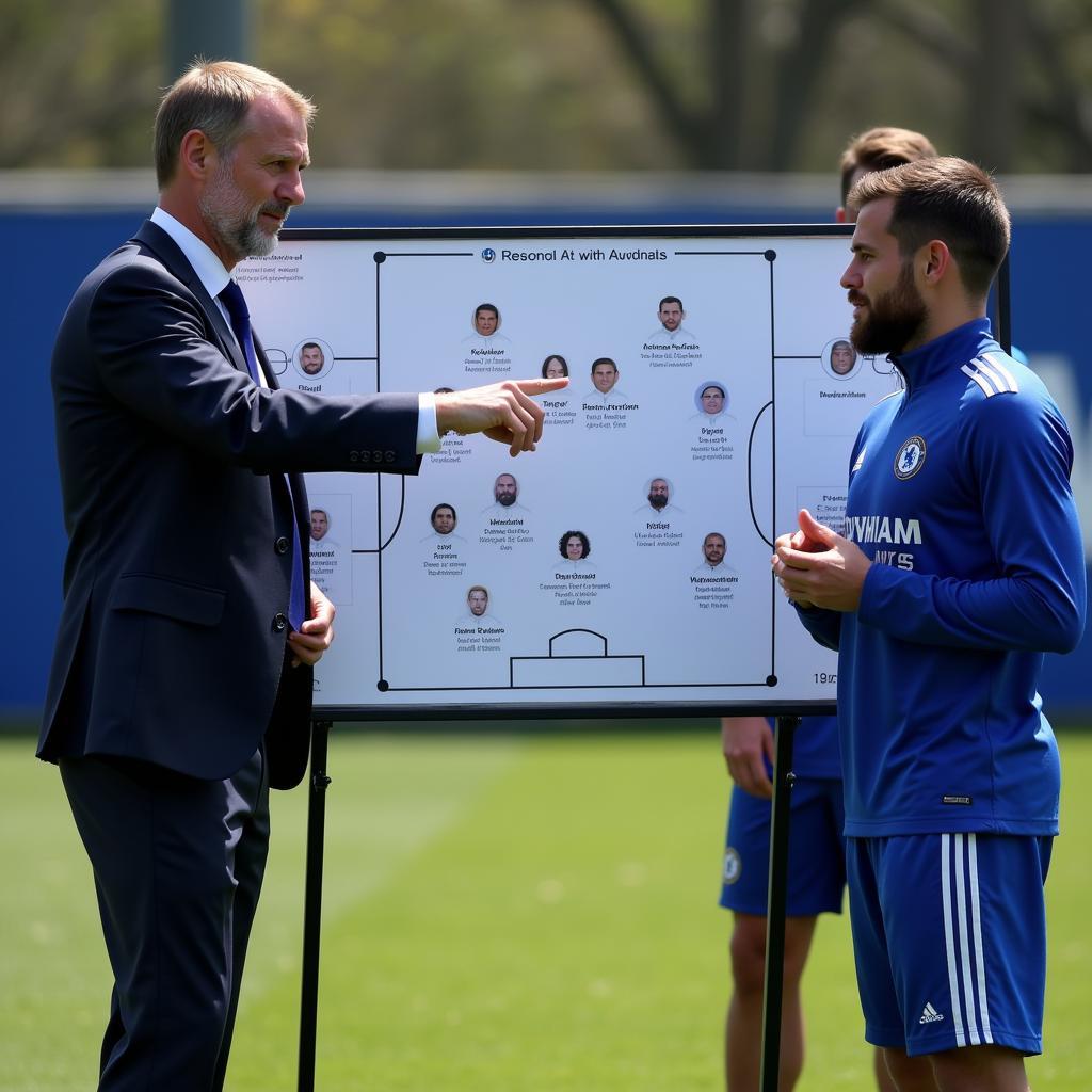 Chelsea manager discussing tactics with players