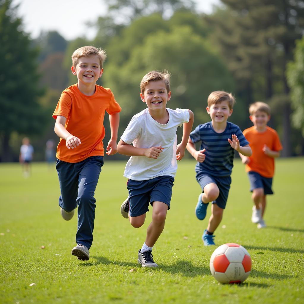 Child joyfully playing football with friends