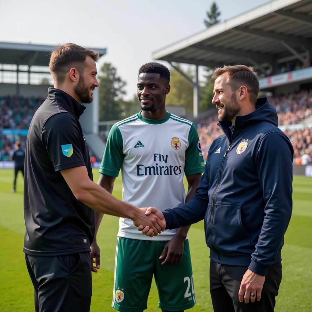 Footballer shaking hands with his agent and coach