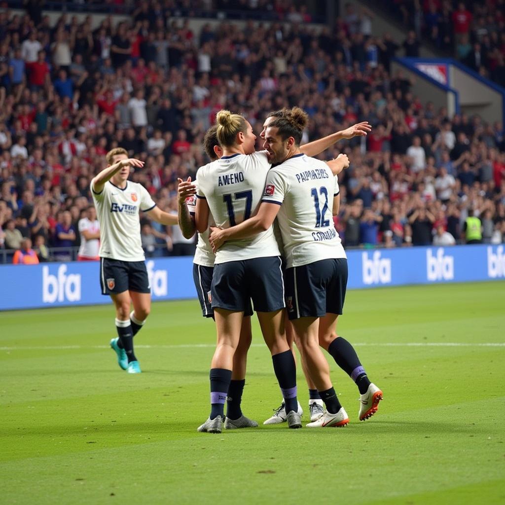 CM player celebrating a goal with teammates