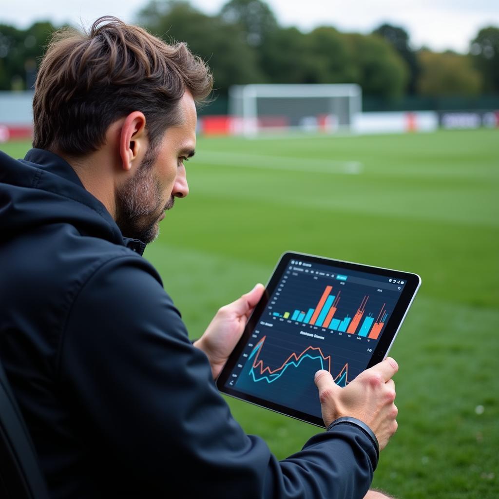 Coach analyzing player data on a tablet