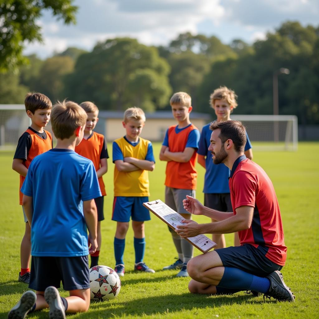 Coach explaining soccer drill to kids