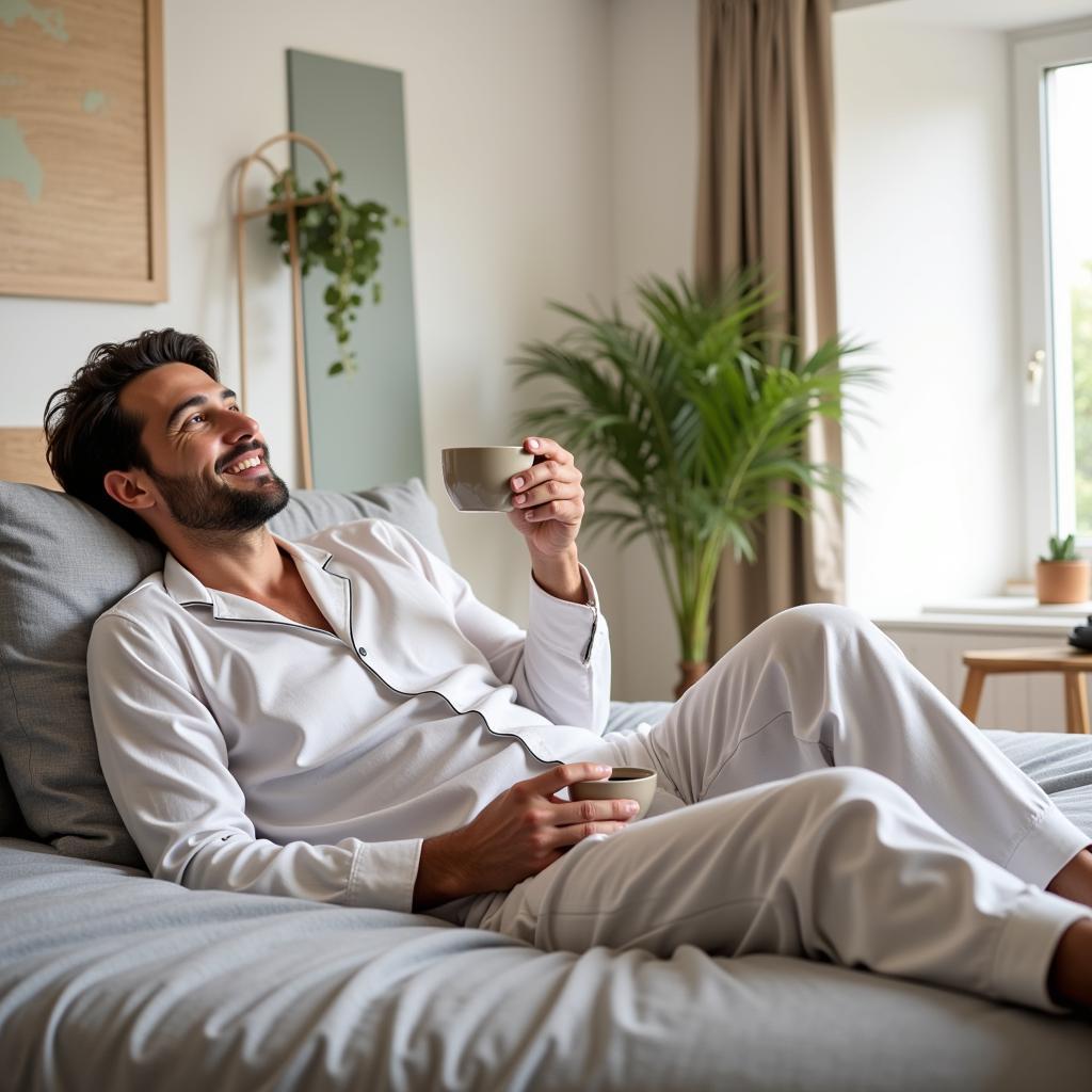 Man relaxing in comfortable pyjamas