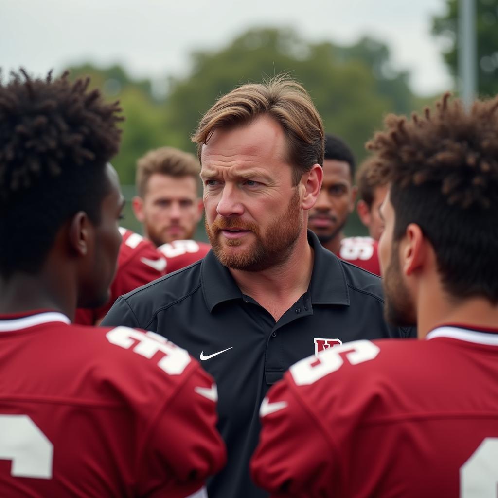 Conan O'Brien huddling with a football team