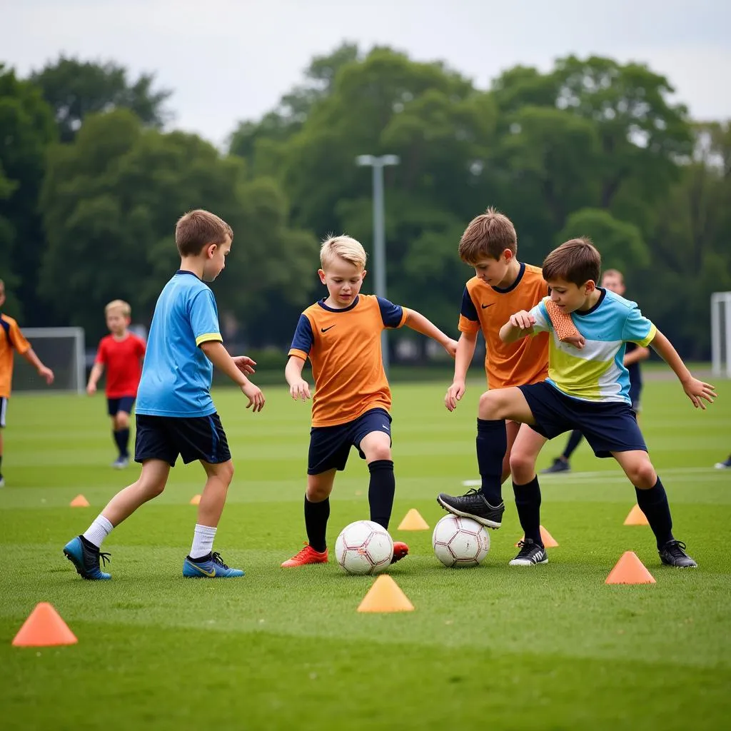 U13 players practicing cone touch dribbling drill