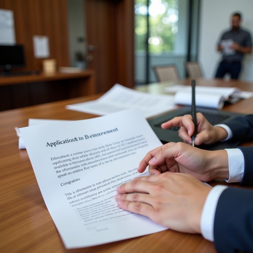 Image of legal documents being filed with a court clerk