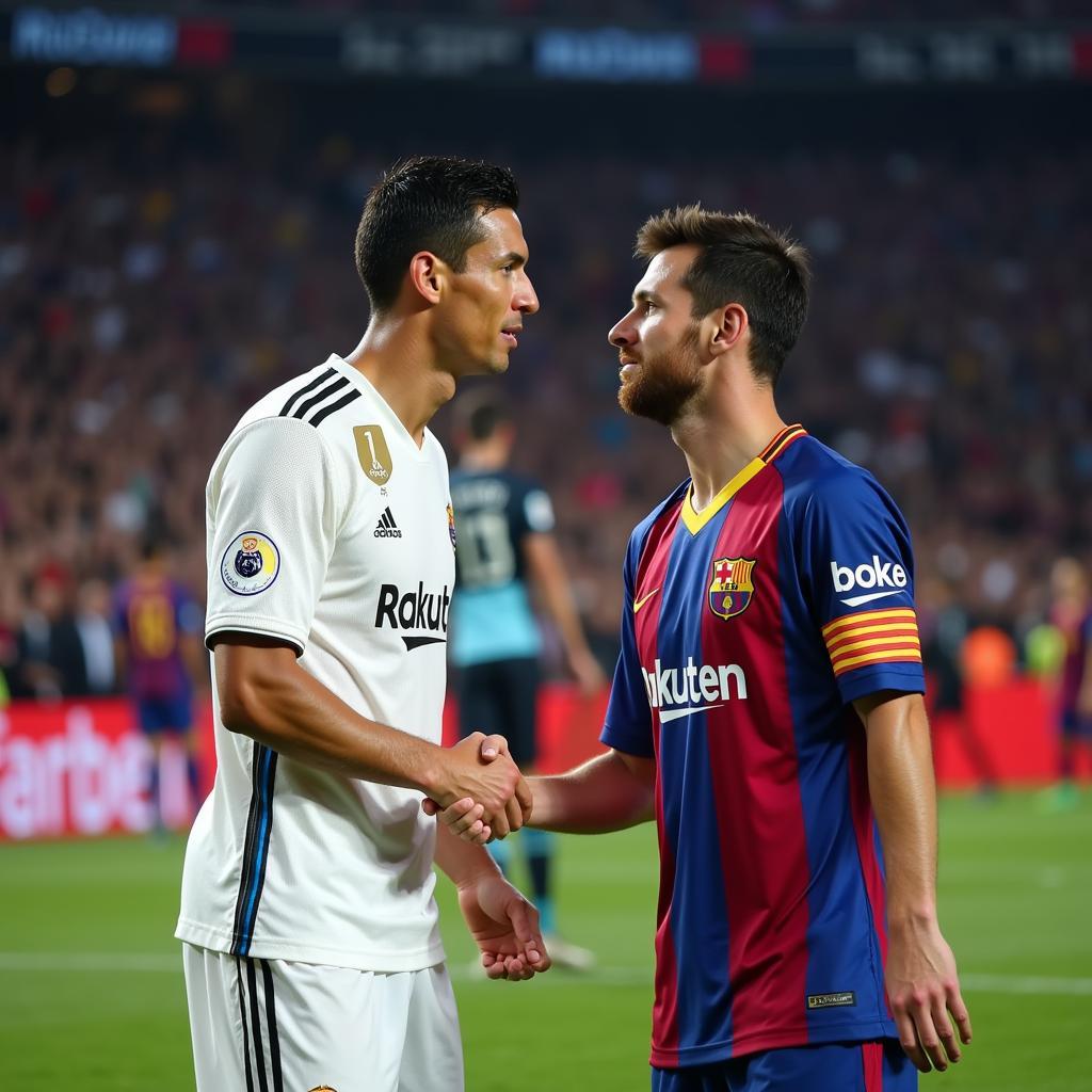 Cristiano Ronaldo and Lionel Messi shaking hands before a match