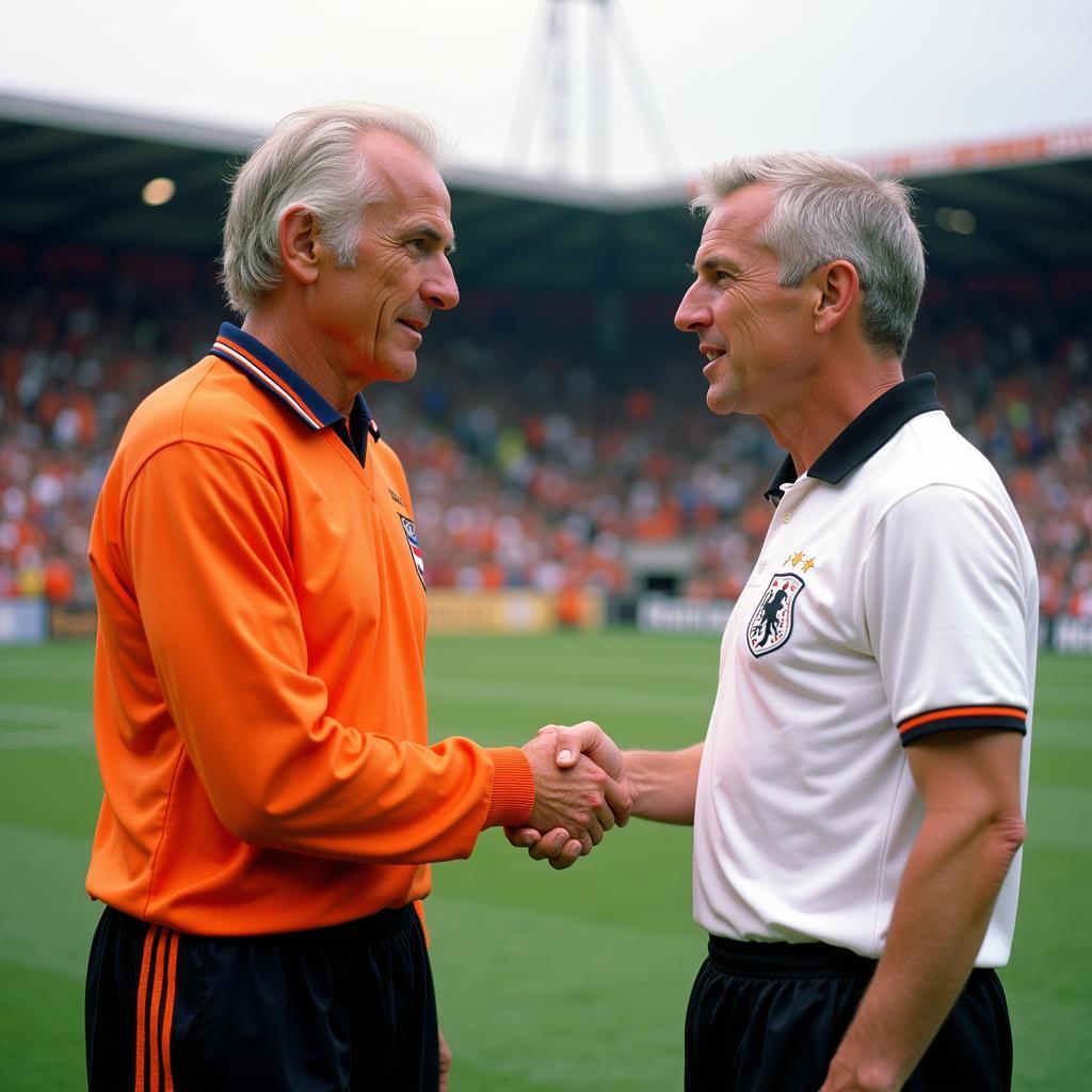 Johan Cruyff and Franz Beckenbauer shaking hands before a match