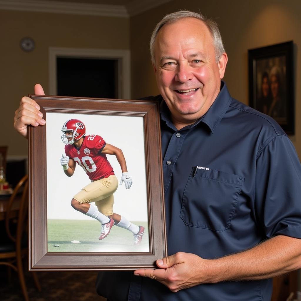 A framed custom portrait of a football player, presented as a gift to a passionate fan, showcasing their favorite athlete in action.