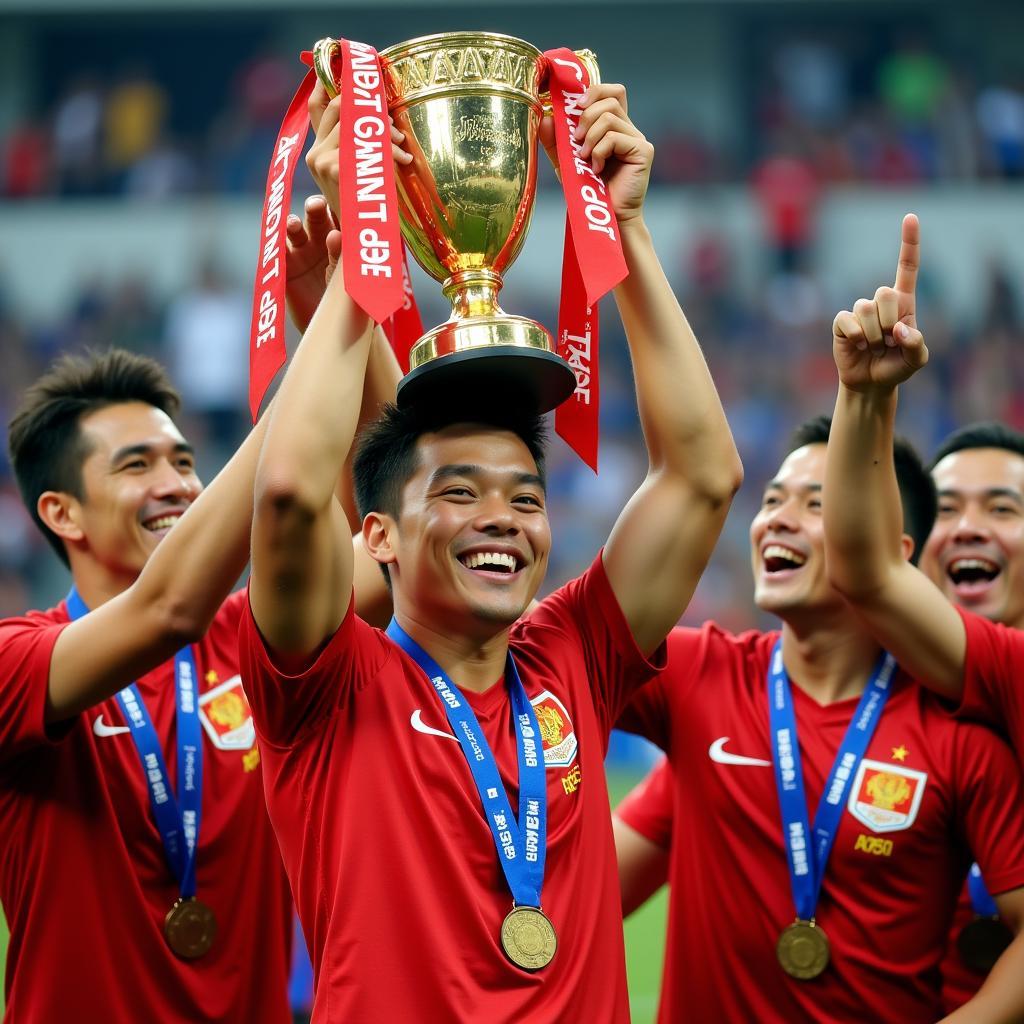 Dang Van Lam celebrating with AFF Suzuki Cup trophy