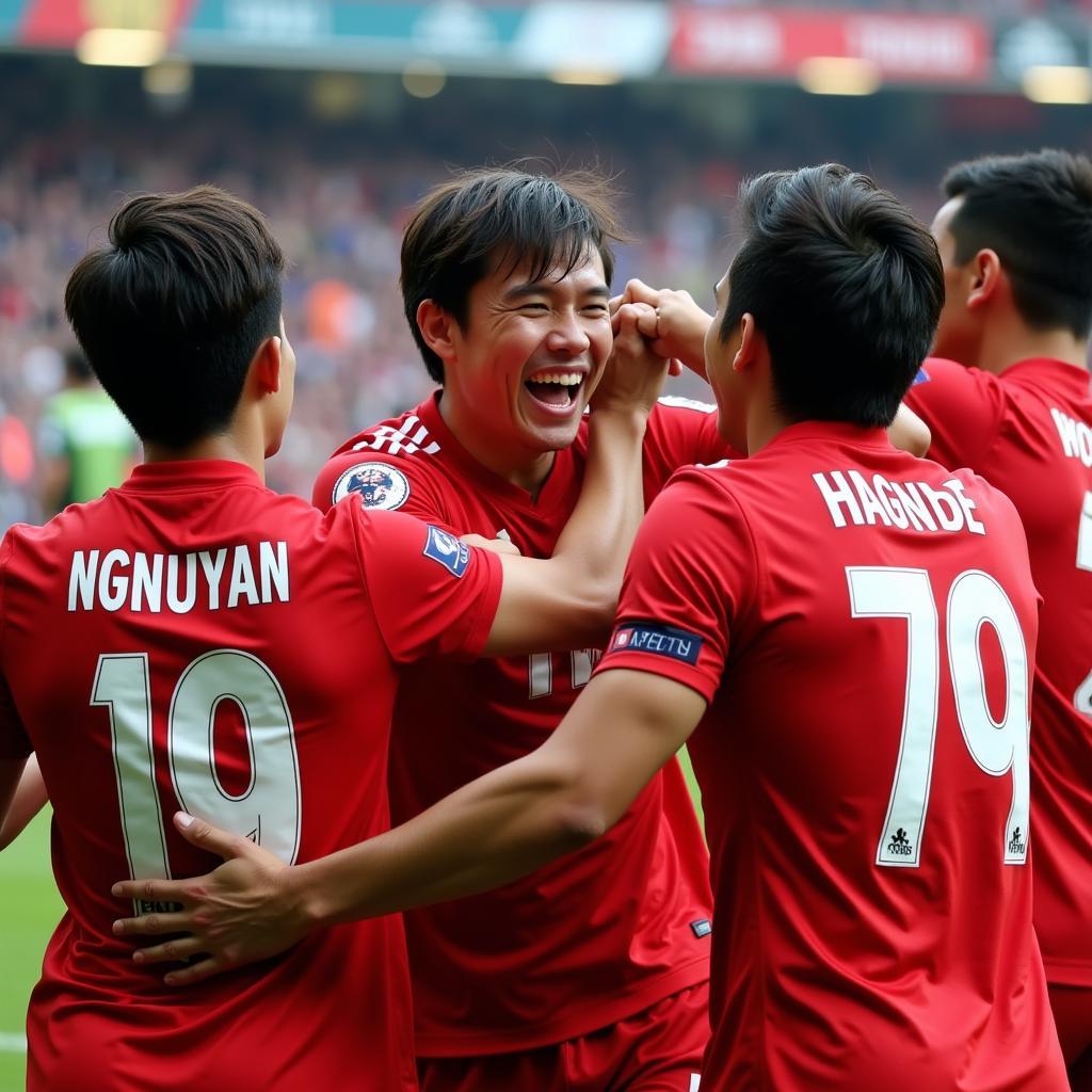 Danny Nguyen celebrating a goal with his teammates