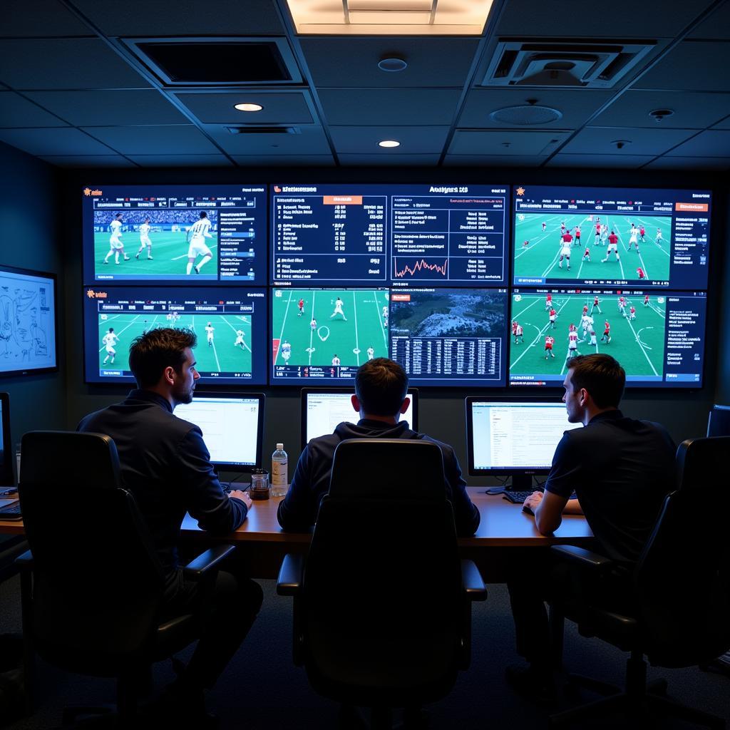 Football analysts studying player statistics on computer screens