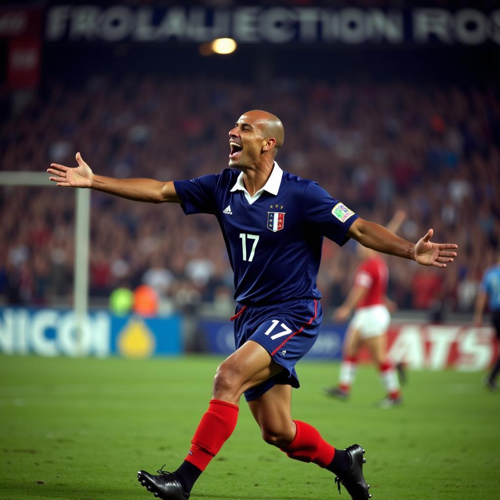 David Trezeguet celebrating a goal for France in his number 17 jersey.