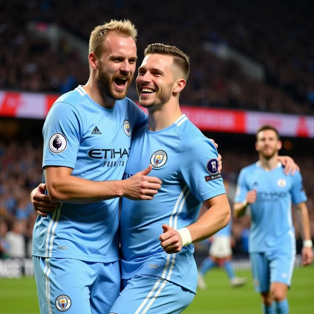 De Bruyne and Haaland celebrating a Man City goal