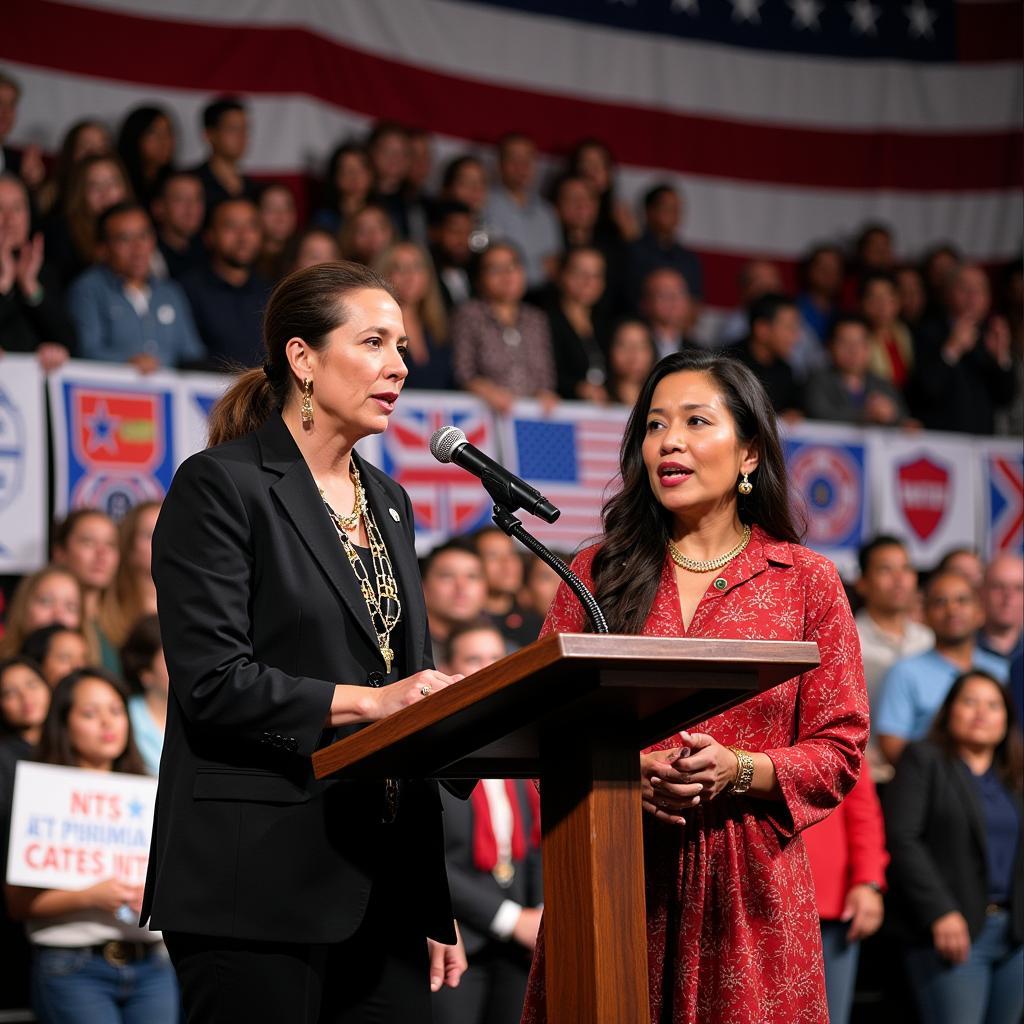 Deb Haaland and Sharice Davids speaking at a tribal gathering