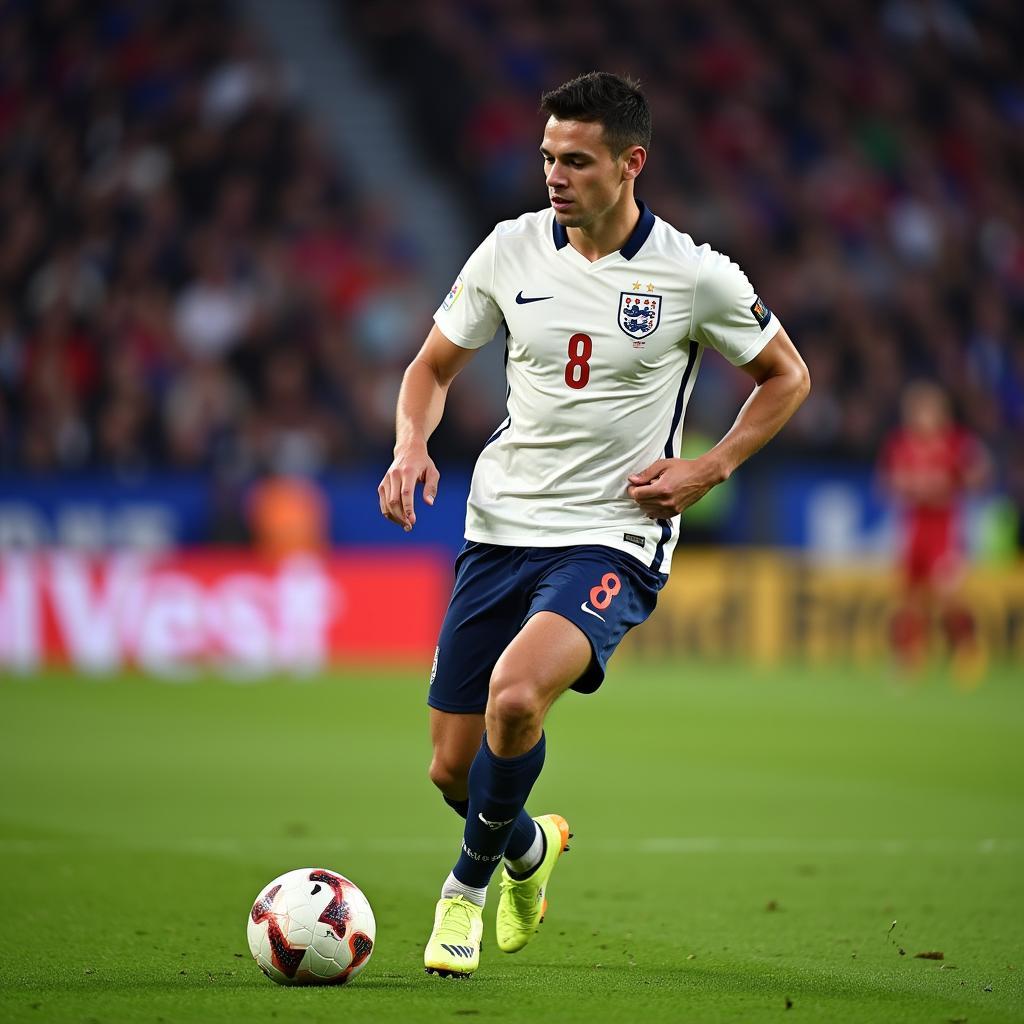 Declan Rice, the anchor of the England midfield, controls the game in his number 4 jersey.