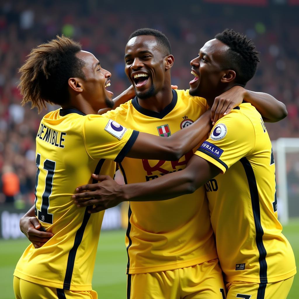 Ousmane Dembélé celebrating a goal with teammates.