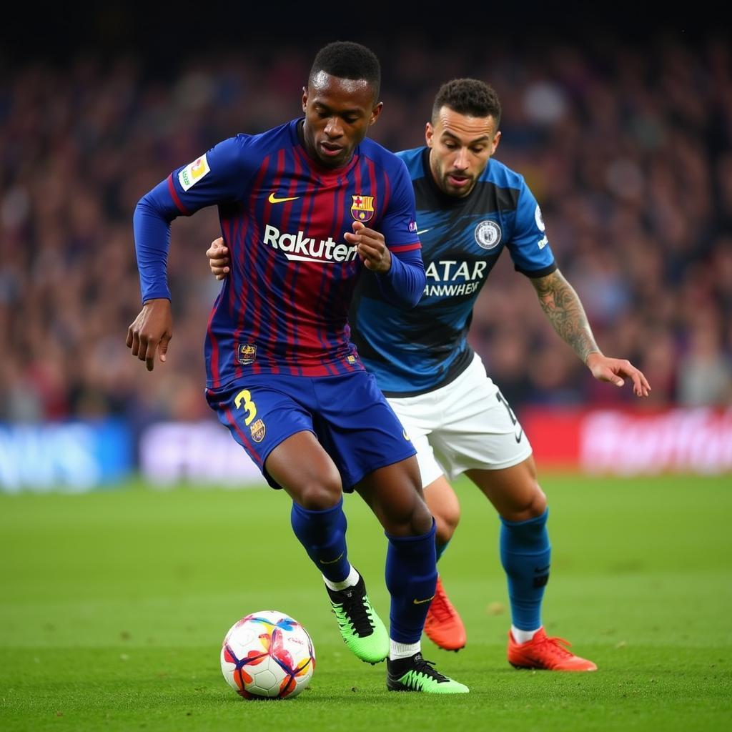 Ousmane Dembélé dribbling past a defender.