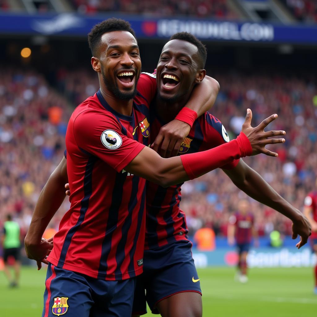 Ousmane Dembélé Celebrating a Goal with Lyon Teammates