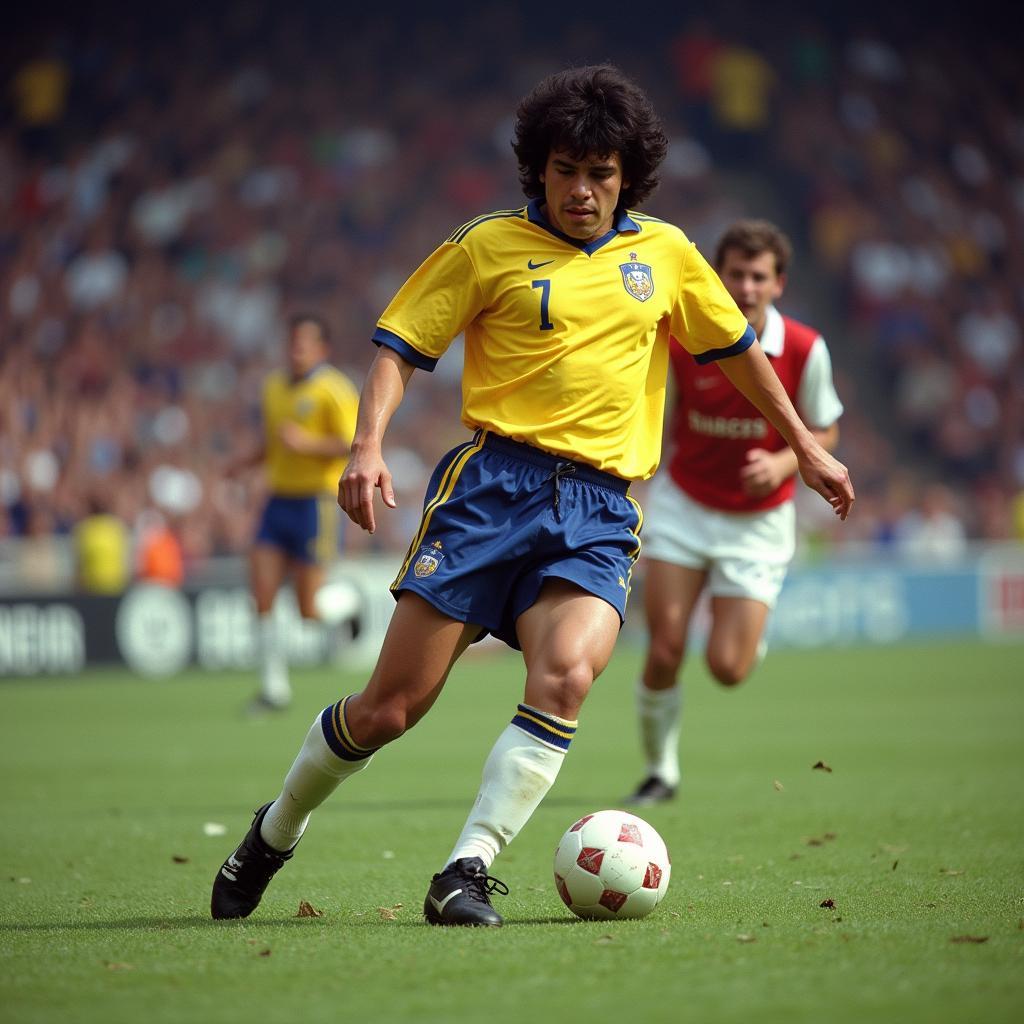 Diego Maradona dribbling past opponents