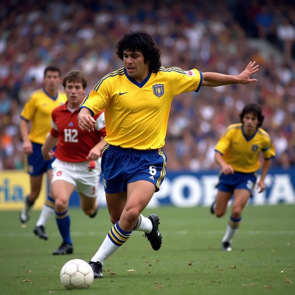 Diego Maradona showcases his dribbling skills, leaving defenders in his wake.