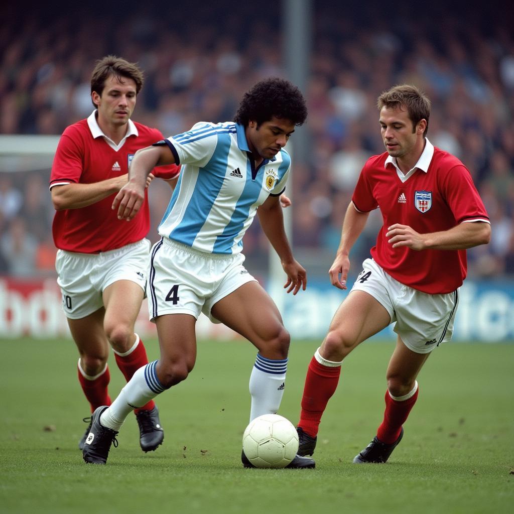 Diego Maradona dribbling past English defenders