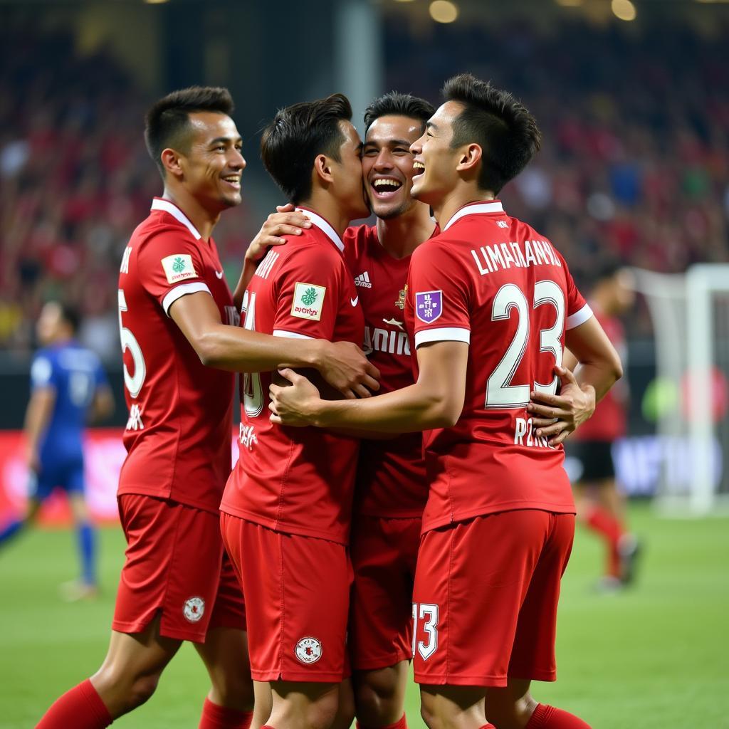 Do Duy Manh celebrating a goal with teammates