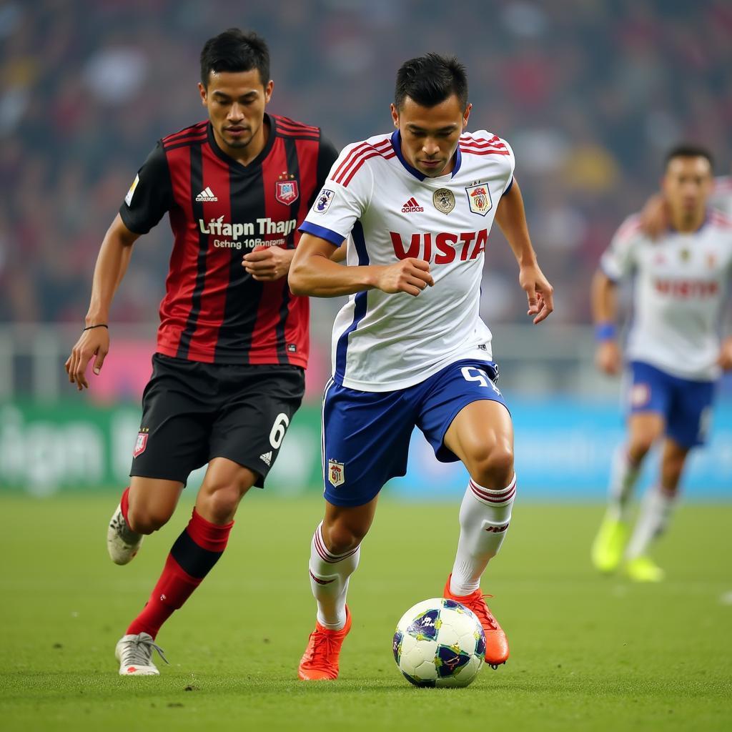 Dong Thap FC player skillfully dribbling the ball in a match