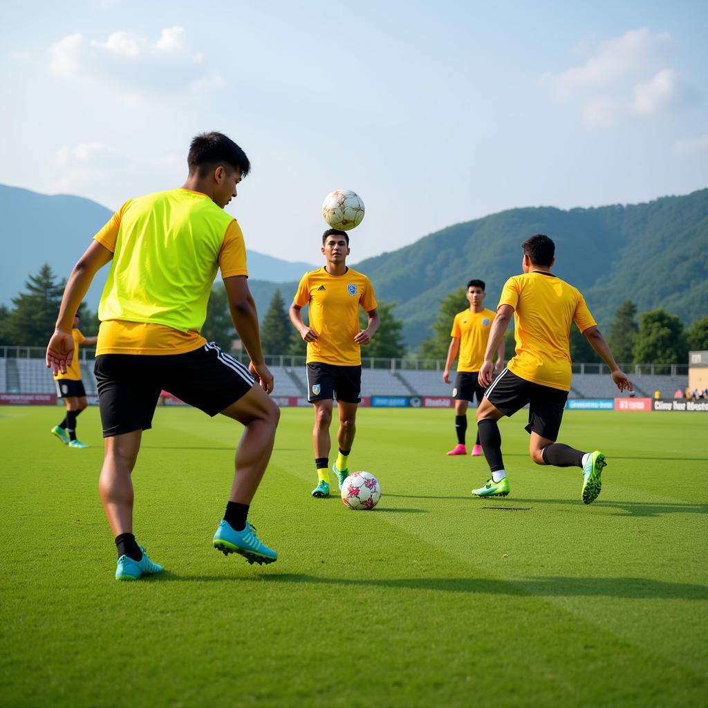 Dong Thap FC players training on the pitch