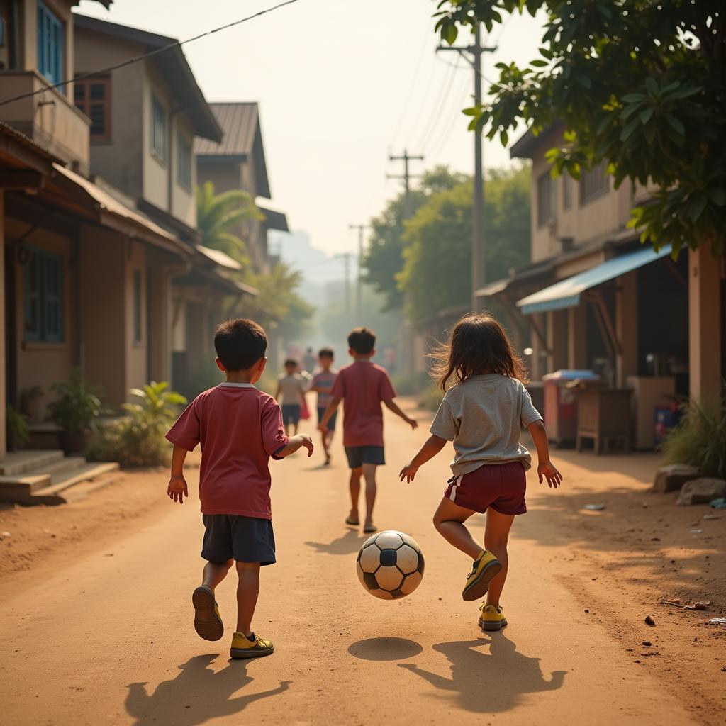 Young children playing football in Dong Trieu