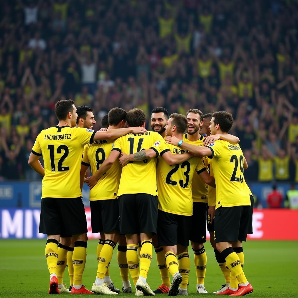 Dortmund players celebrating a victory in the Champions League