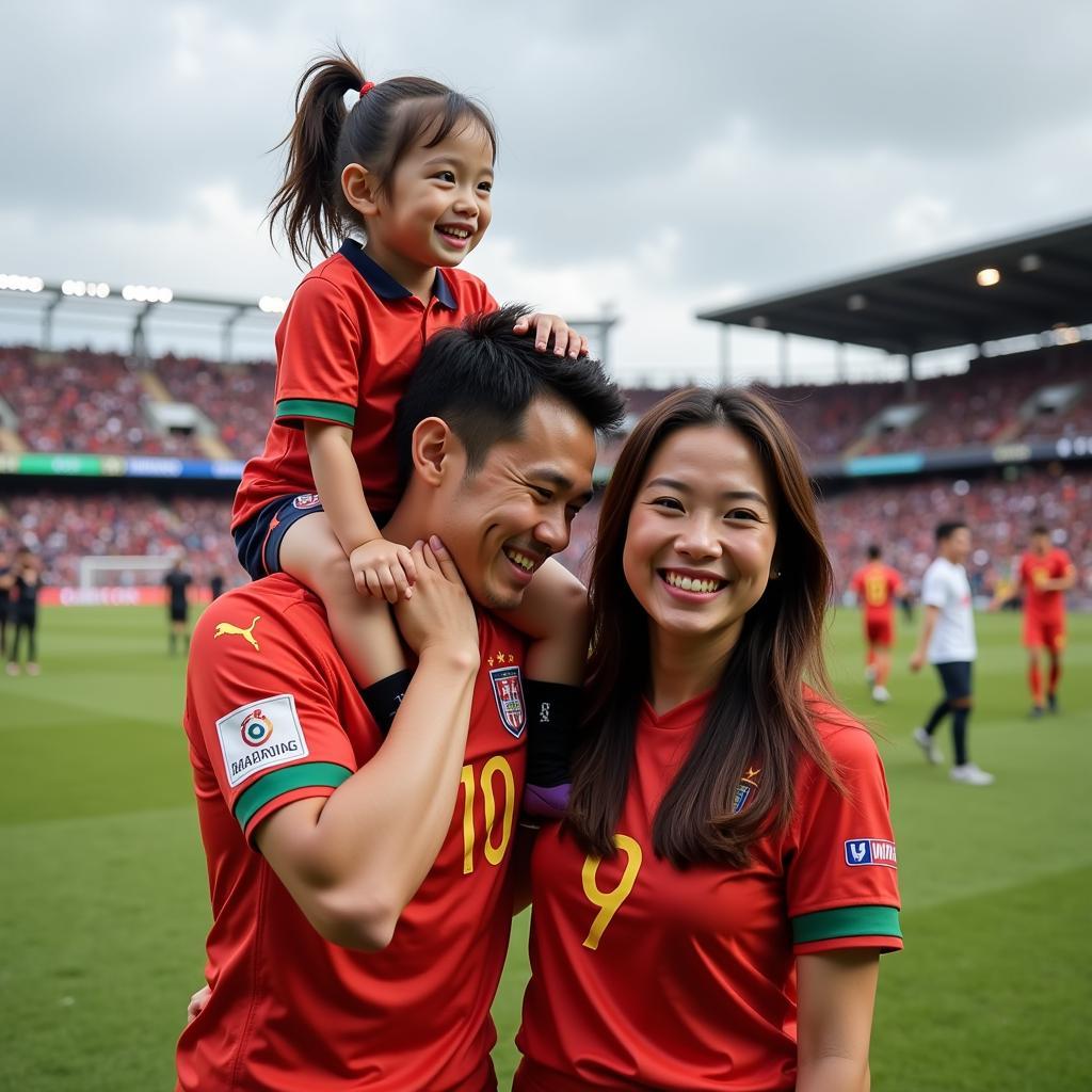 Duy Manh celebrates a victory with his family on the field