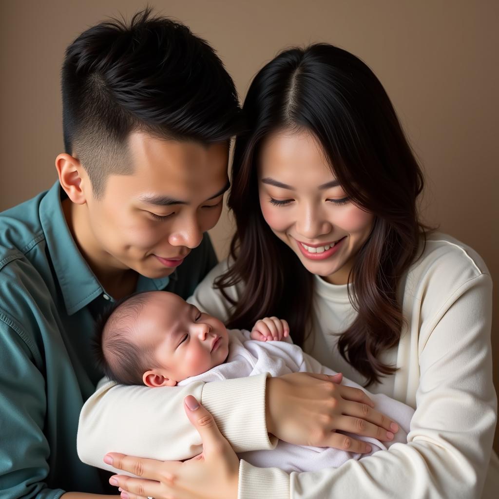 Duy Mạnh and Quỳnh Anh with their newborn son