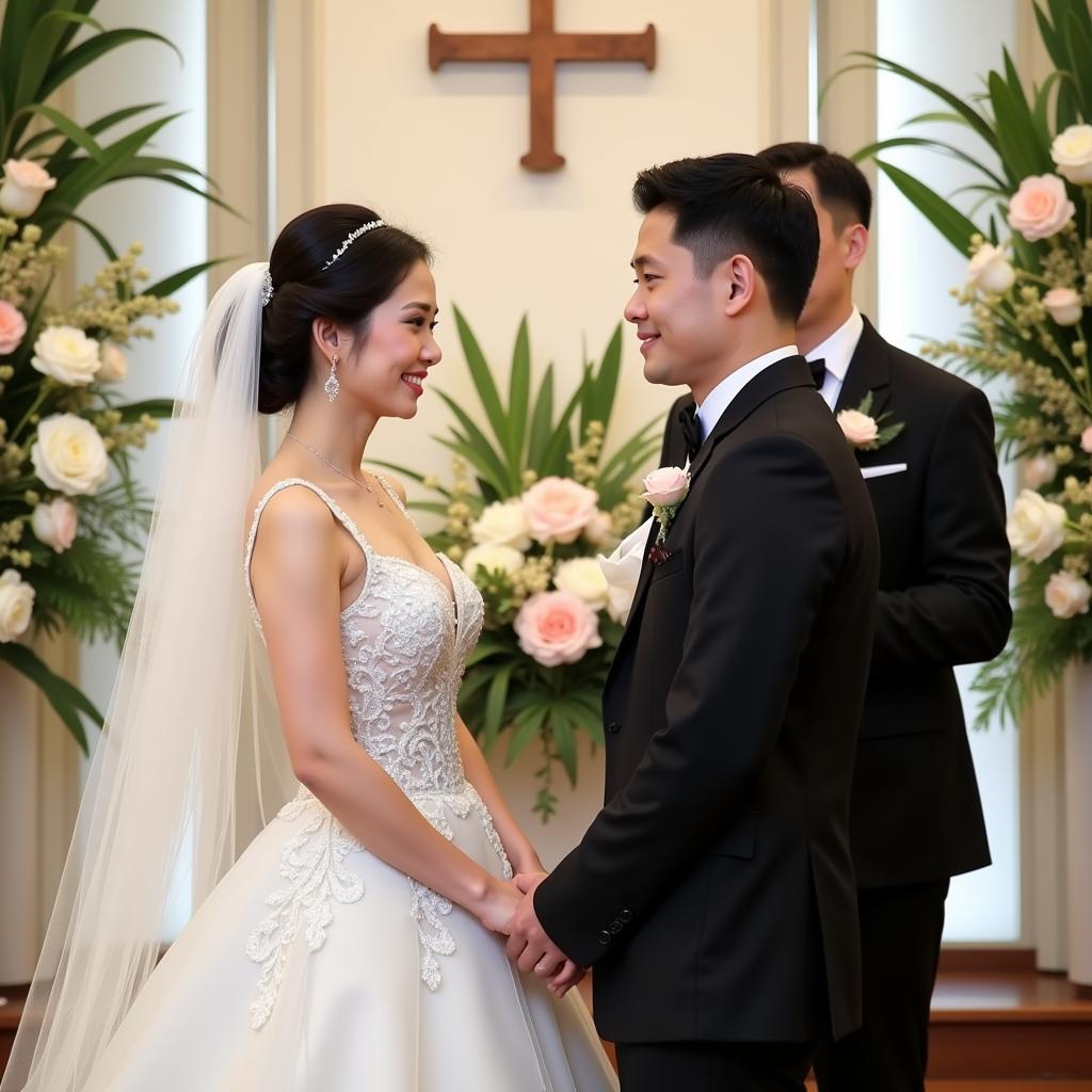 Duy Mạnh and Quỳnh Anh at their wedding ceremony