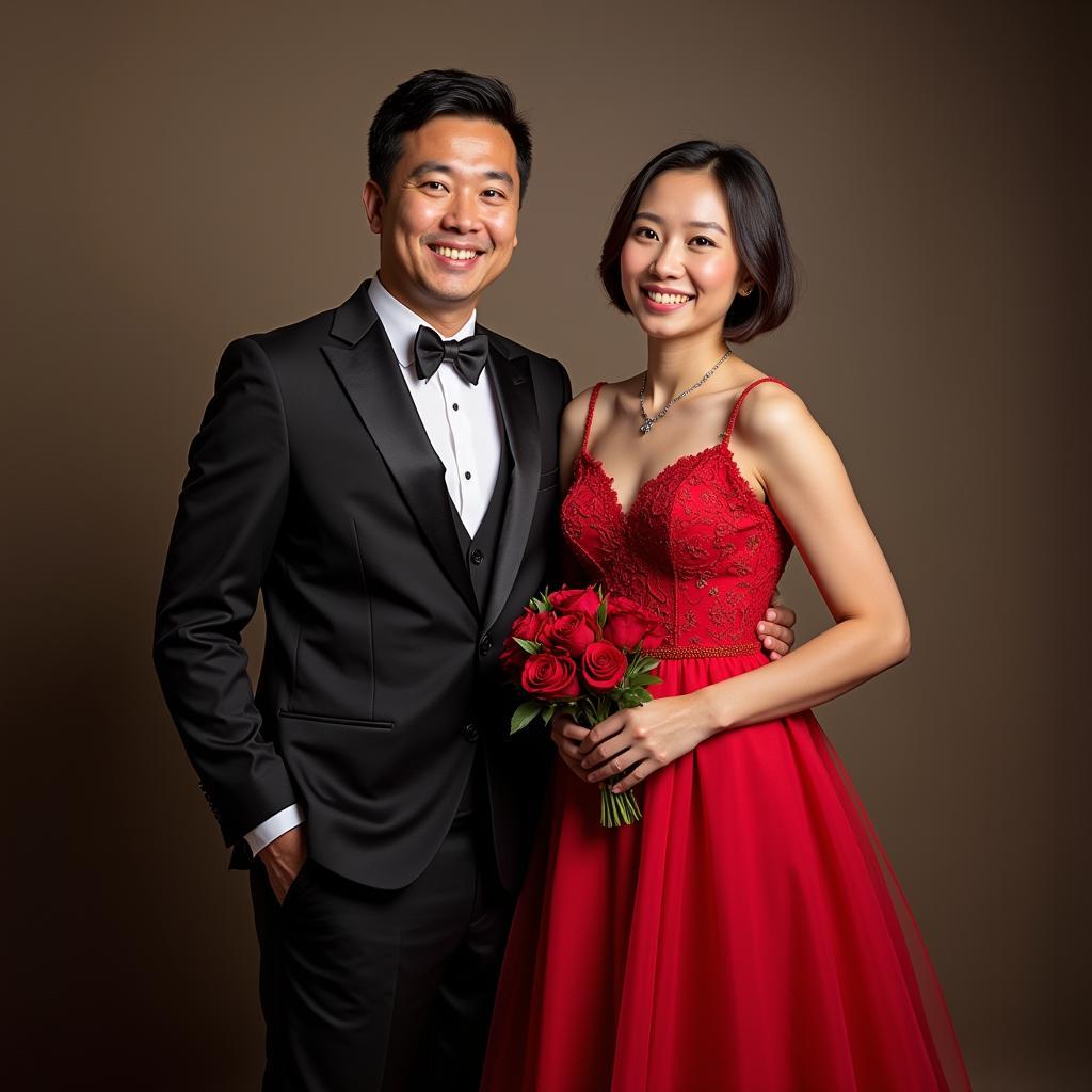 Duy Manh and his bride in a formal wedding portrait