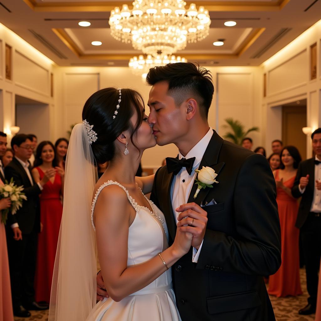 Duy Mạnh and Quỳnh Anh sharing a kiss at their wedding reception