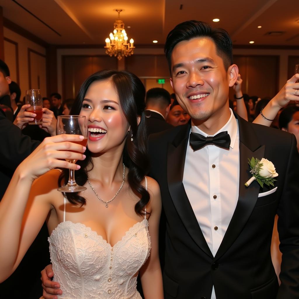 Duy Manh and his bride celebrating at the wedding reception