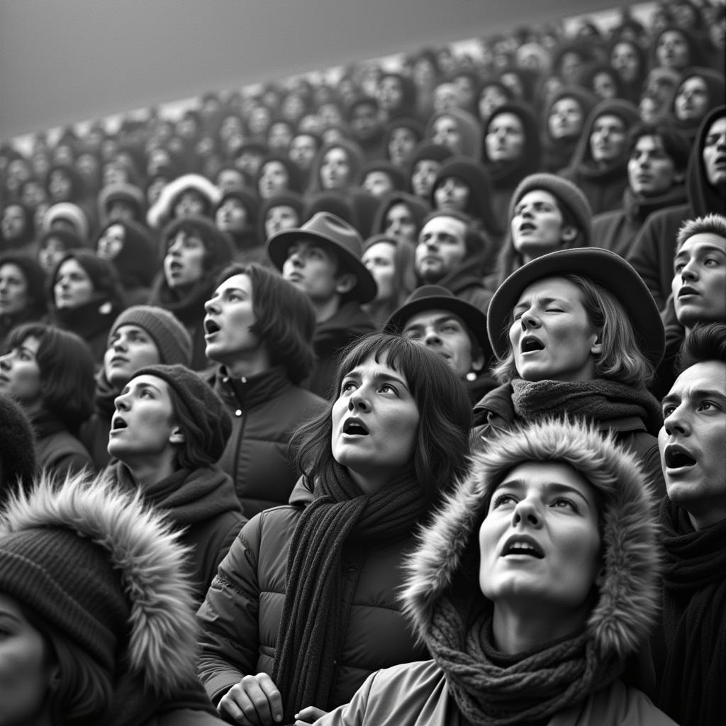 Fans singing in a football stadium in the early 20th century