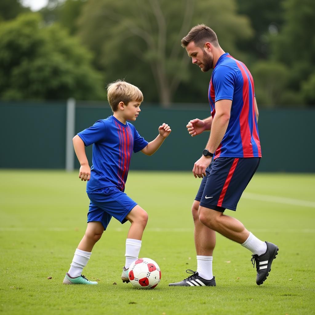 Young boy practicing football with his father