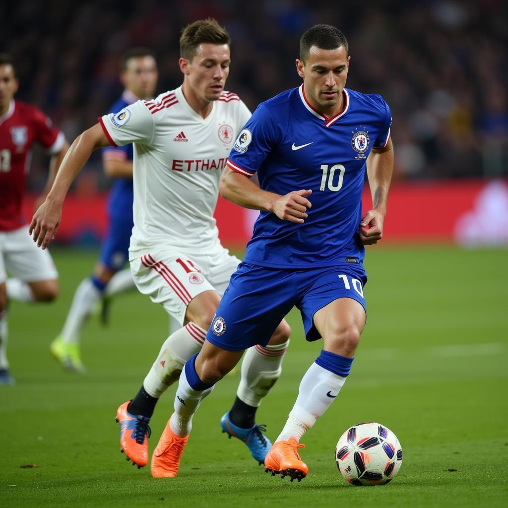 Eden Hazard skillfully navigating the field in his number 10 Chelsea jersey.