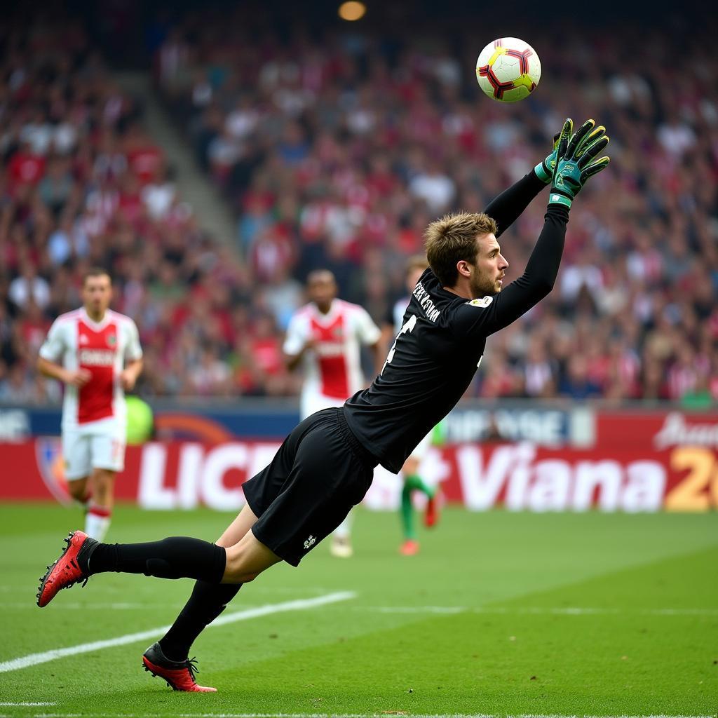 Edwin van der Sar makes a diving save in an Ajax match