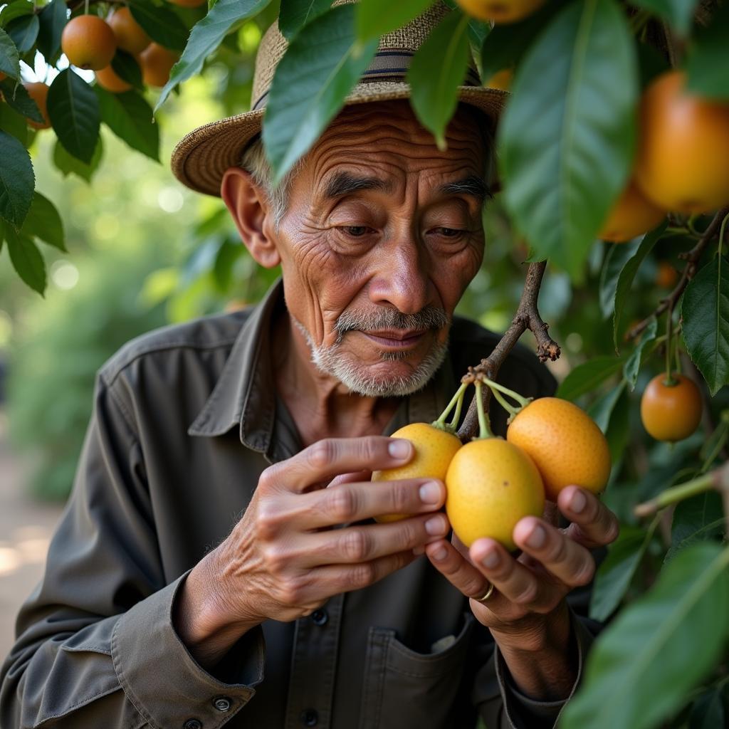 An elderly Vietnamese farmer carefully tending to a mature mango tree in Long An